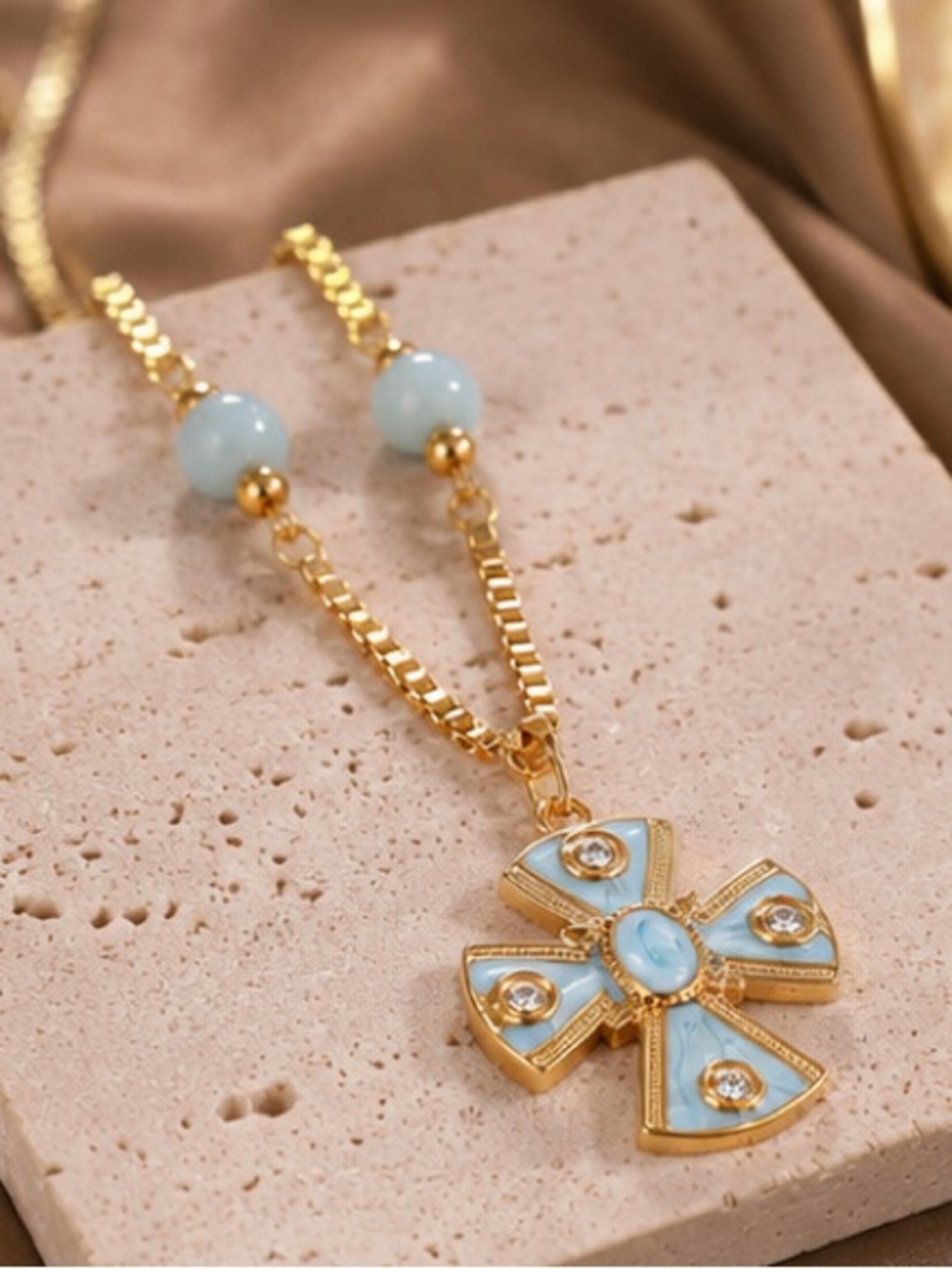 Gold-Plated Cross Pendant Necklace with Light Blue Stones - Women Jewelry